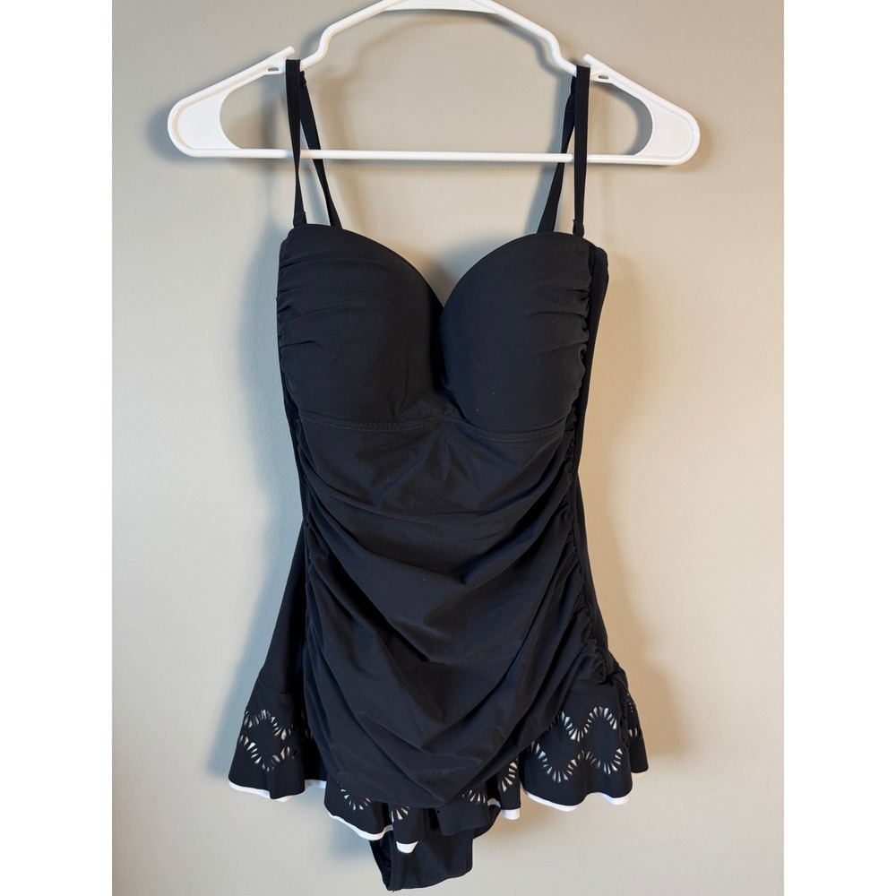 Profile by Gottex Black Laser Cut Ruffle Hem One Piece Swimsuit Ruched Womens 10